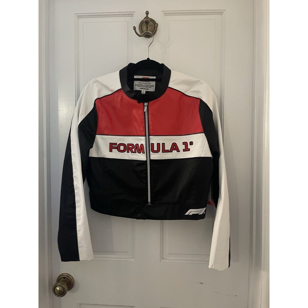 Formula 1 Licensed Pacsun Women’s Cropped Black Moto Leather Jacket Size L